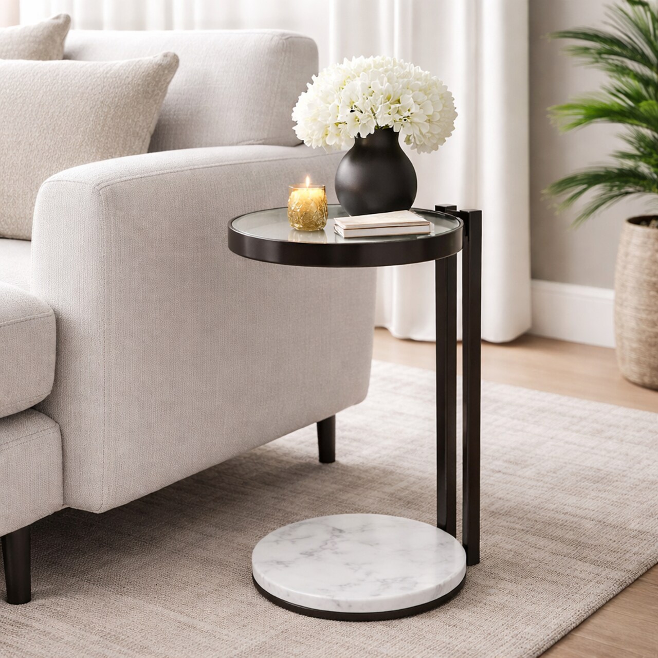 Black Drink Table with Glass Top & White Marble Base | Decorative Modern End Table | Metal Base Side Table | Accent Table for Living Room | 10x10x23.25"